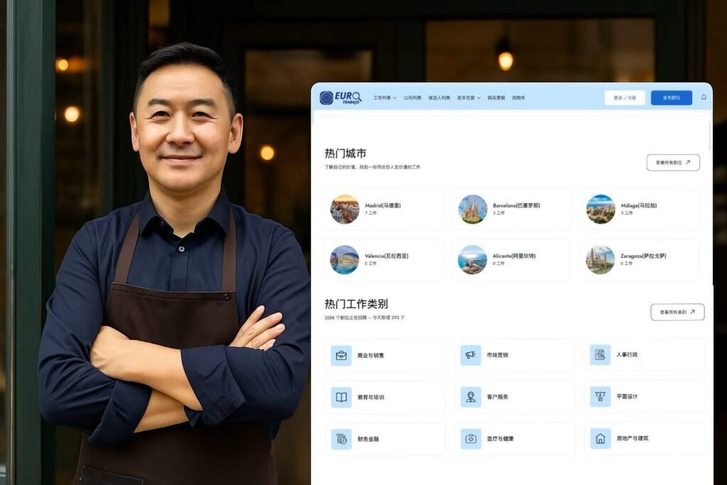华人老板店前与招聘平台界面合影